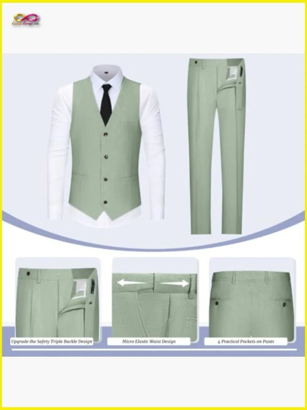 Retro Slim Fit Linen Suit Set 3 Piece Tuxedo Jacket Vest Pants Wedding